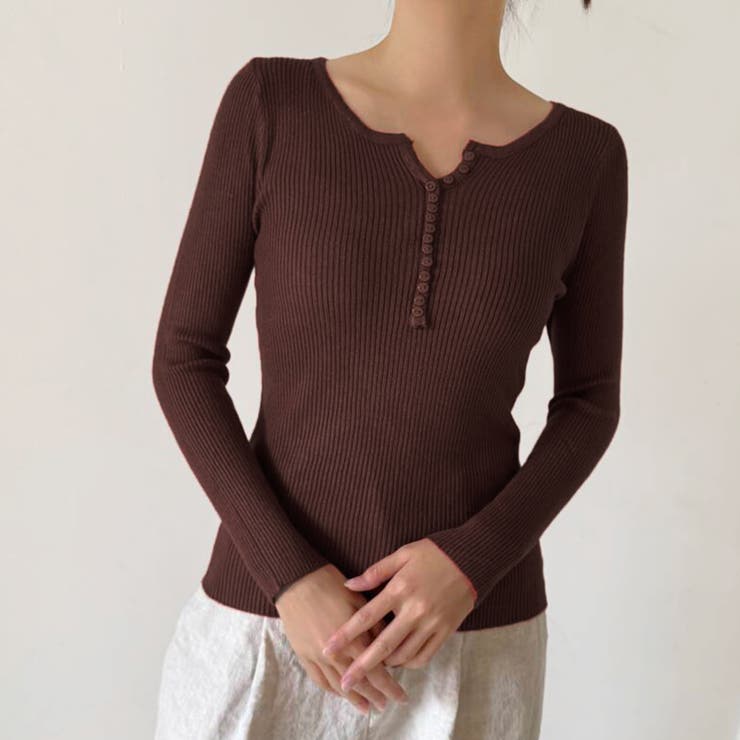 コーヒー | ボタンデザインリブトップス | Doux Belle 