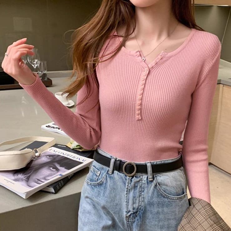 ピンク | ボタンデザインリブトップス | Doux Belle 