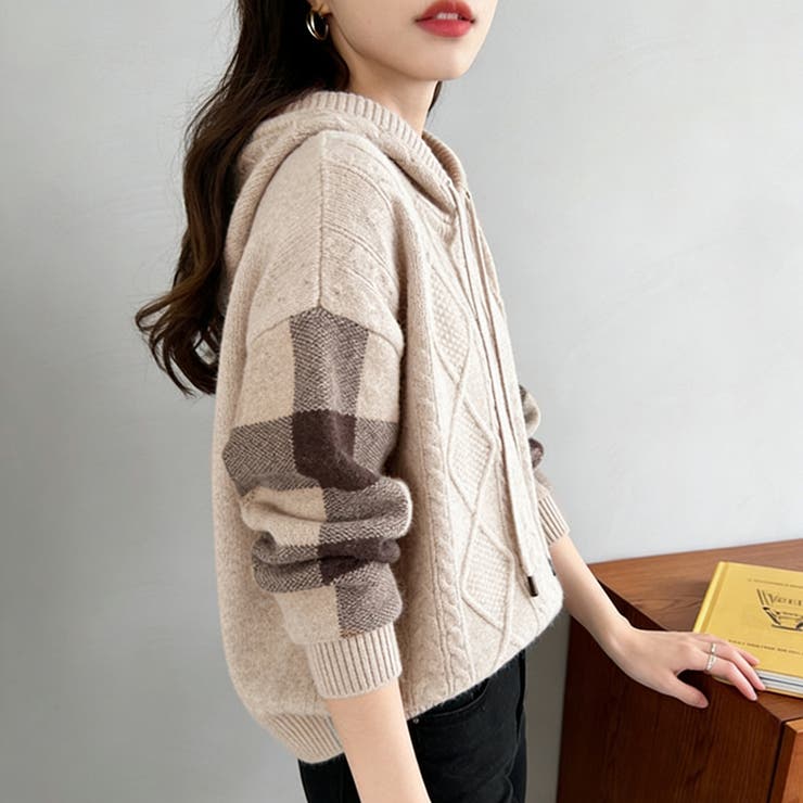 ケーブル編みボーダー袖フード付きニット | Doux Belle  | 詳細画像3 