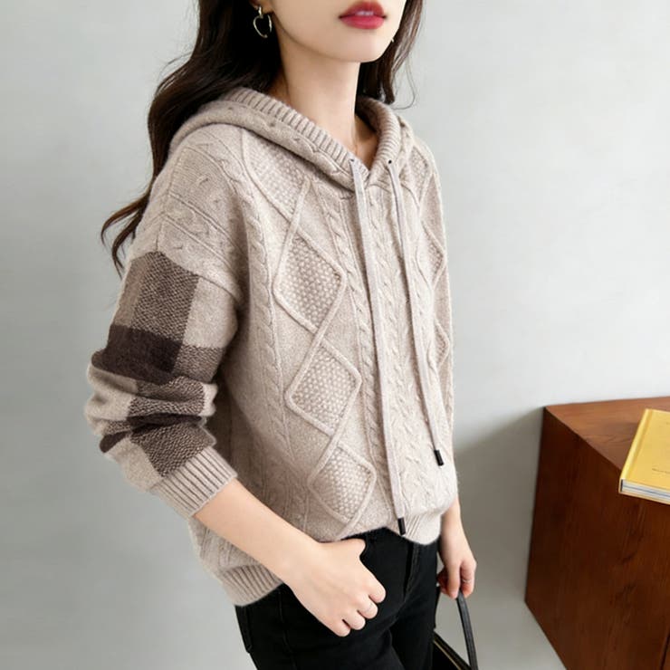 ケーブル編みボーダー袖フード付きニット | Doux Belle  | 詳細画像4 