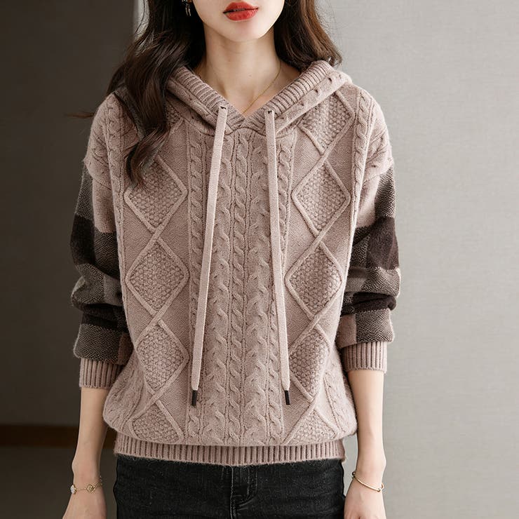 ケーブル編みボーダー袖フード付きニット | Doux Belle  | 詳細画像5 