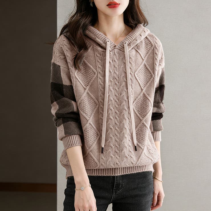 ケーブル編みボーダー袖フード付きニット | Doux Belle  | 詳細画像6 