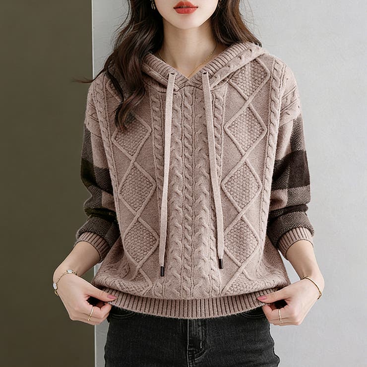 ケーブル編みボーダー袖フード付きニット | Doux Belle  | 詳細画像7 