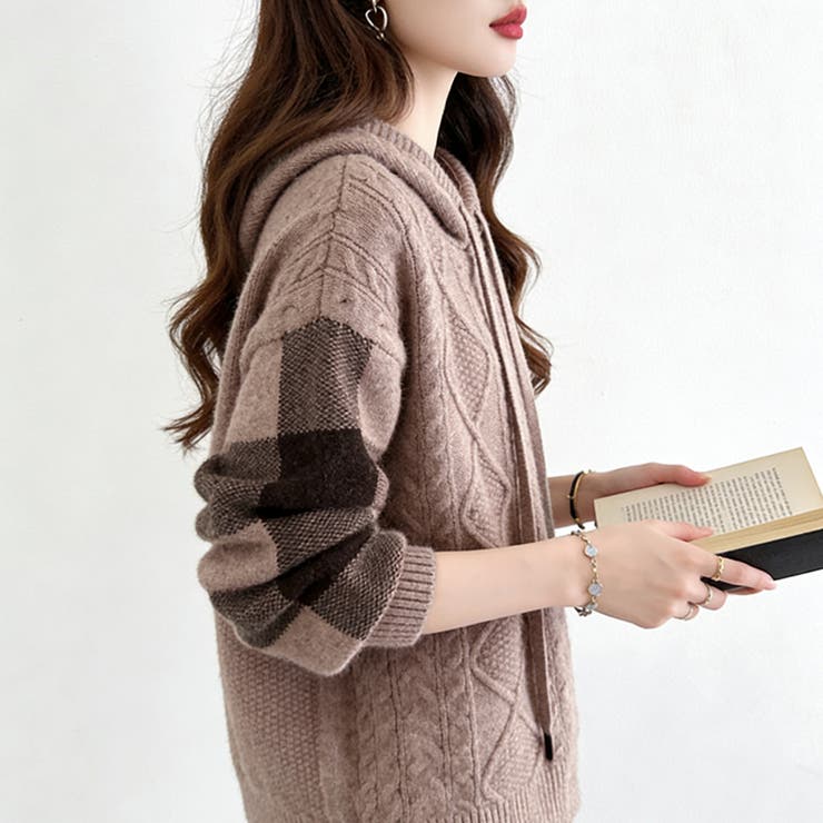 ケーブル編みボーダー袖フード付きニット | Doux Belle  | 詳細画像8 