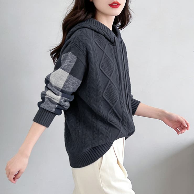 ケーブル編みボーダー袖フード付きニット | Doux Belle  | 詳細画像9 