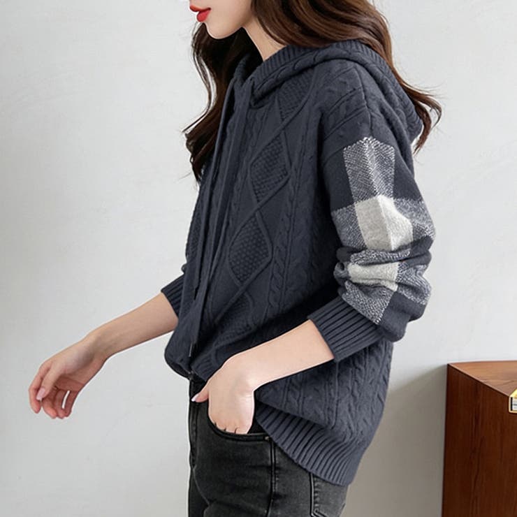 ケーブル編みボーダー袖フード付きニット | Doux Belle  | 詳細画像10 