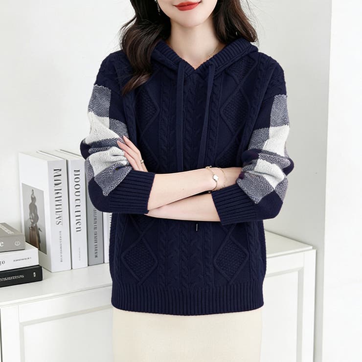 ケーブル編みボーダー袖フード付きニット | Doux Belle  | 詳細画像14 