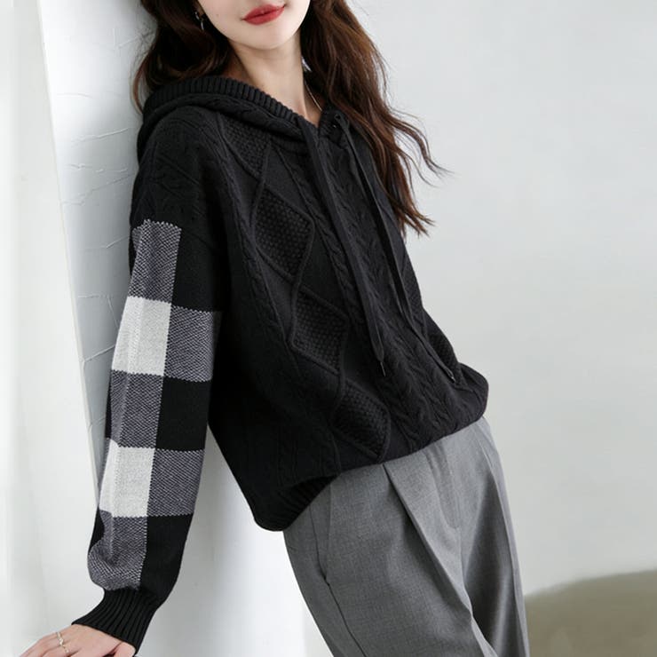 ケーブル編みボーダー袖フード付きニット | Doux Belle  | 詳細画像17 