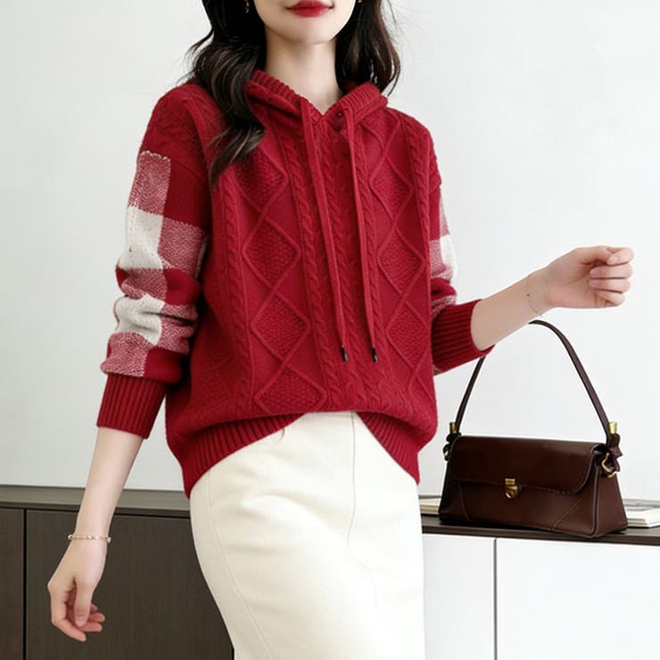 ケーブル編みボーダー袖フード付きニット | Doux Belle  | 詳細画像20 