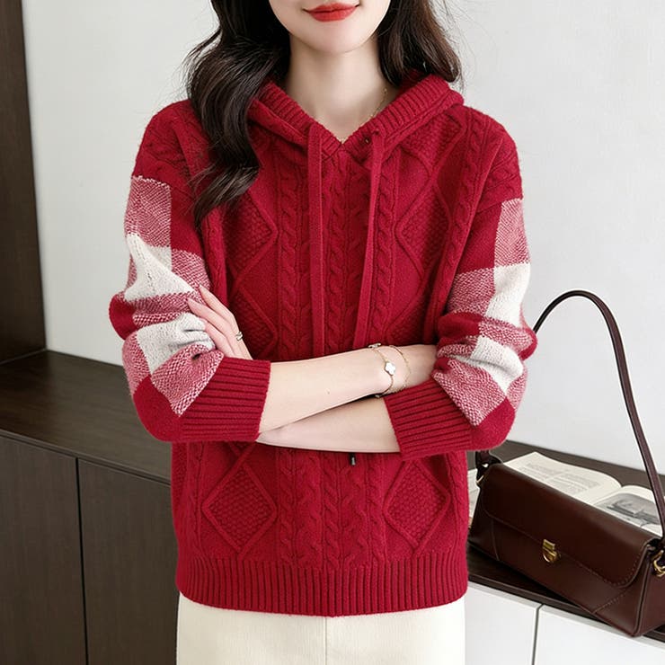 ケーブル編みボーダー袖フード付きニット | Doux Belle  | 詳細画像21 