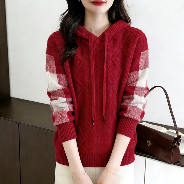 ケーブル編みボーダー袖フード付きニット | Doux Belle  | 詳細画像22 