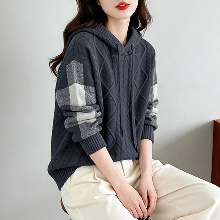 ダークグレー | ケーブル編みボーダー袖フード付きニット | Doux Belle 