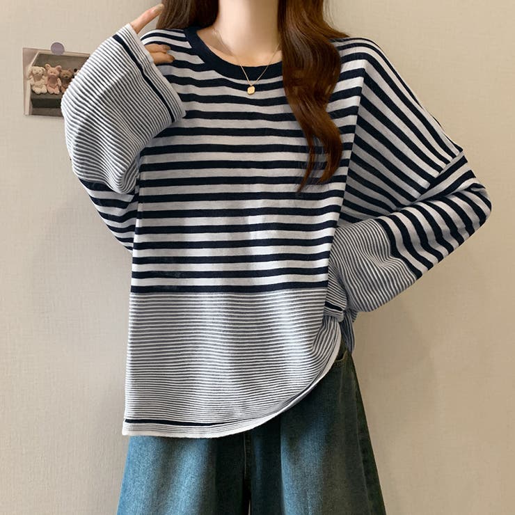 ネイビー | 太細ボーダー切替ゆるシルエットトップス | Doux Belle 