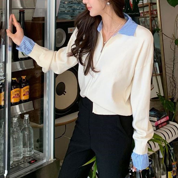 レイヤード風ジップニットストライプシャツ | Doux Belle  | 詳細画像10 