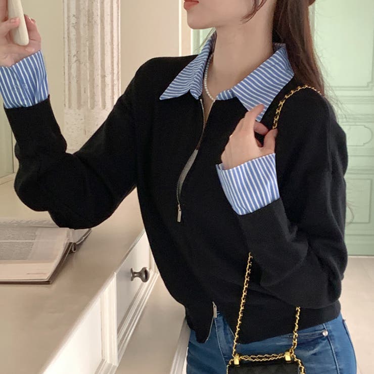 レイヤード風ジップニットストライプシャツ | Doux Belle  | 詳細画像12 