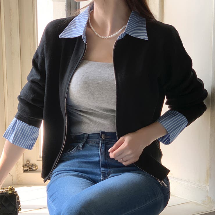 レイヤード風ジップニットストライプシャツ | Doux Belle  | 詳細画像13 