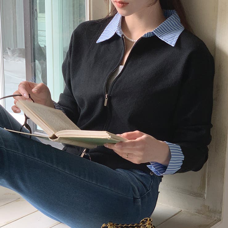 レイヤード風ジップニットストライプシャツ | Doux Belle  | 詳細画像14 