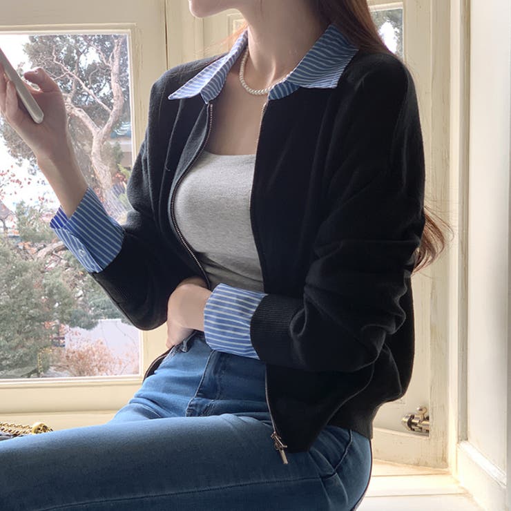 レイヤード風ジップニットストライプシャツ | Doux Belle  | 詳細画像15 