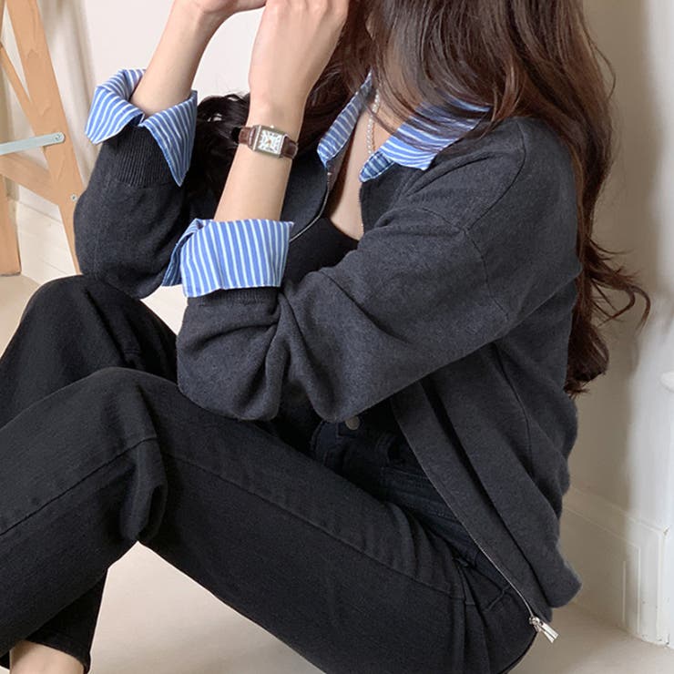 レイヤード風ジップニットストライプシャツ | Doux Belle  | 詳細画像2 