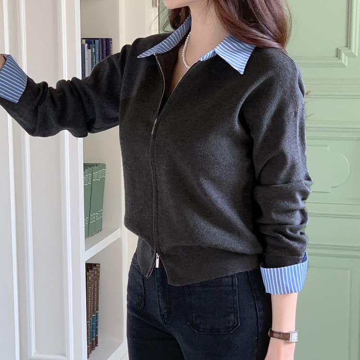 レイヤード風ジップニットストライプシャツ | Doux Belle  | 詳細画像3 