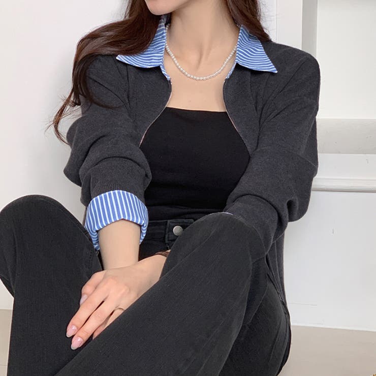 レイヤード風ジップニットストライプシャツ | Doux Belle  | 詳細画像4 