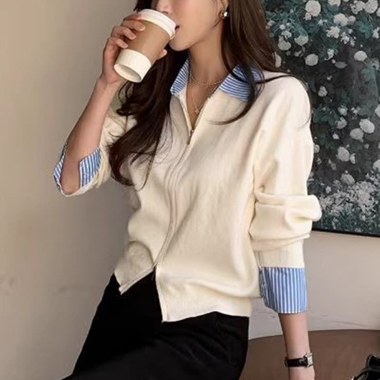 レイヤード風ジップニットストライプシャツ | Doux Belle  | 詳細画像7 