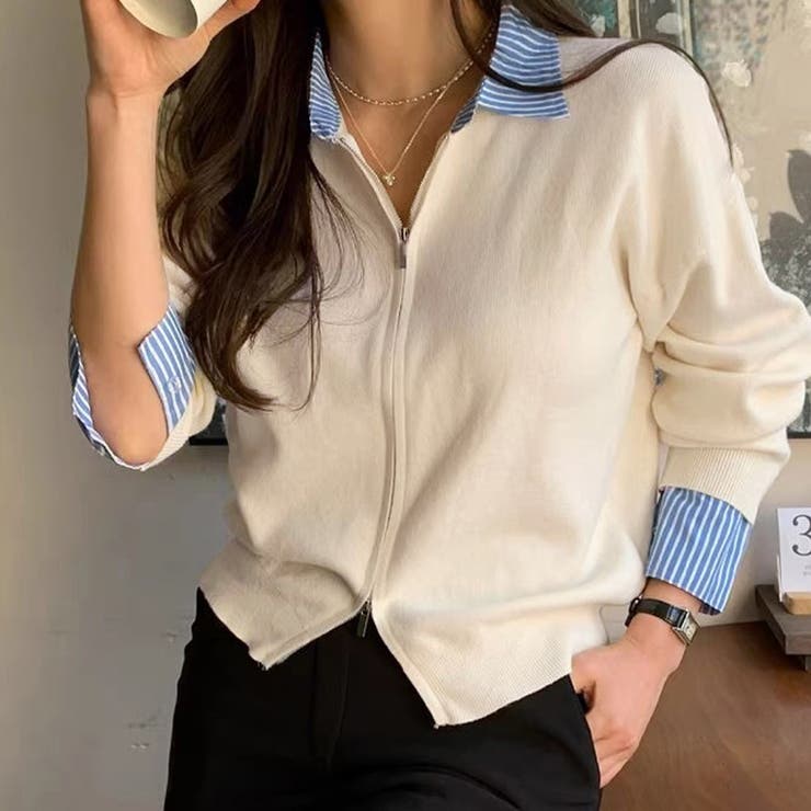 ベージュ | レイヤード風ジップニットストライプシャツ | Doux Belle 