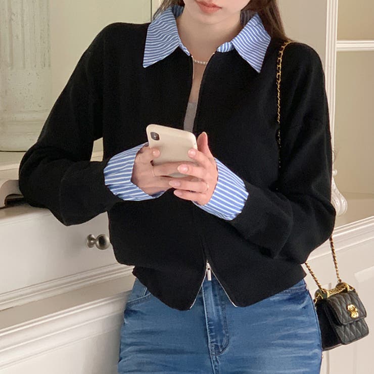 ブラック | レイヤード風ジップニットストライプシャツ | Doux Belle 