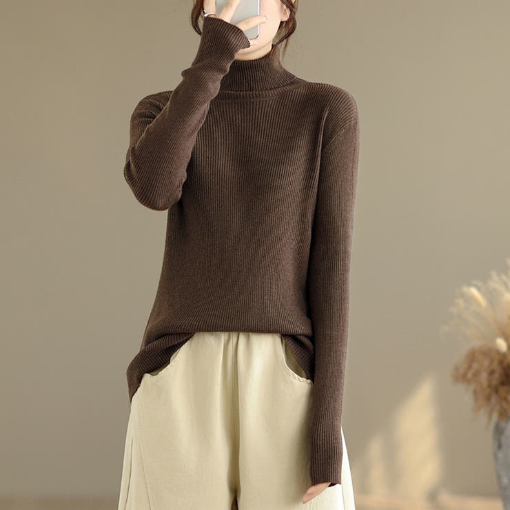 チョコ | タートルネックリブニット レディース ニット | Doux Belle 