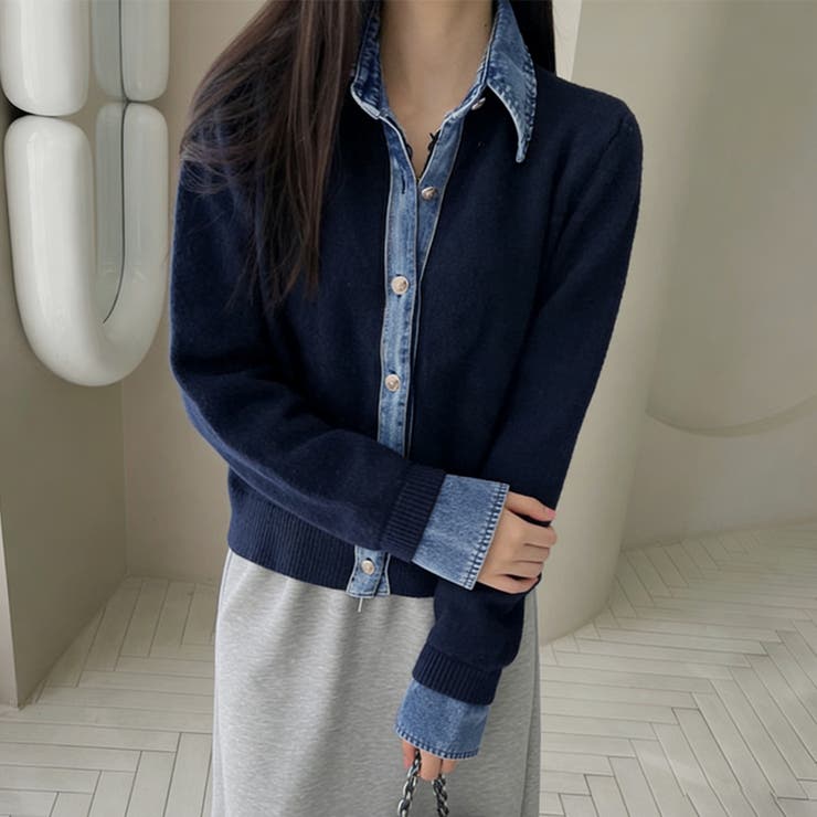 ネイビー | デニムシャツ風レイヤードニットトップス レディース ニット | Doux Belle 