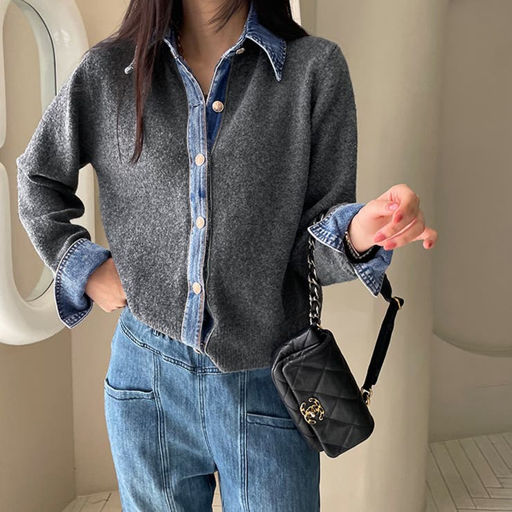ダークグレー | デニムシャツ風レイヤードニットトップス レディース ニット | Doux Belle 