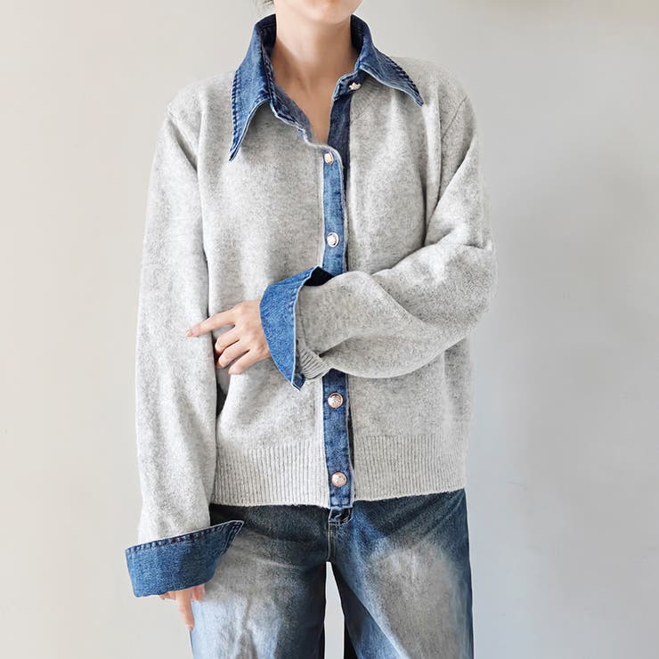 アッシュグレー | デニムシャツ風レイヤードニットトップス レディース ニット | Doux Belle 