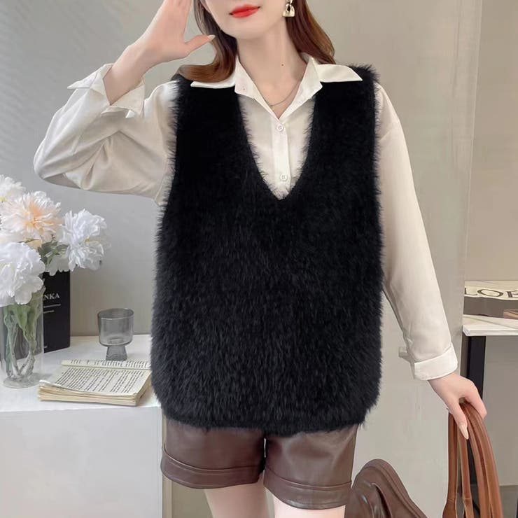 ブラック | フェイクファーベスト | Doux Belle 