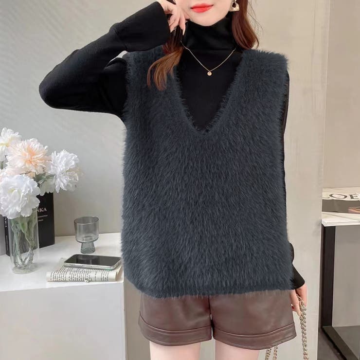 ダークグレー | フェイクファーベスト | Doux Belle 