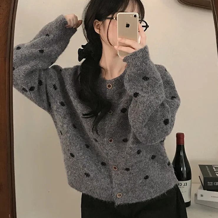 グレー | ドットデザインニットカーディガン | Doux Belle 