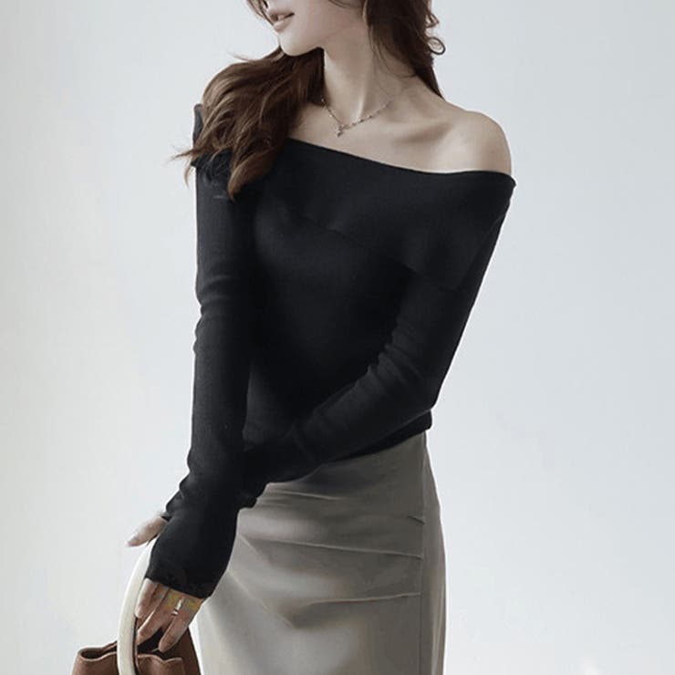 ブラック | 折り返しネックオフショル風トップス | Doux Belle 