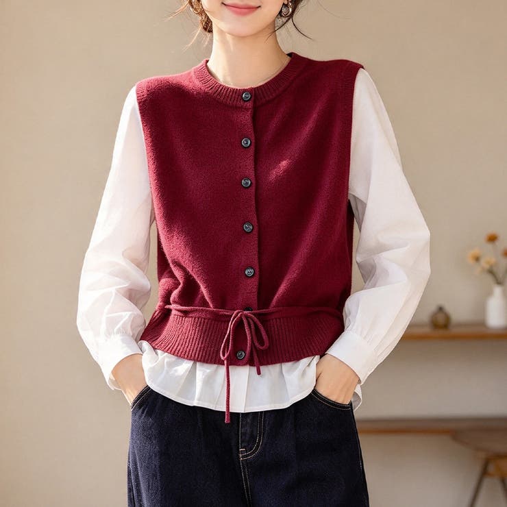 ワインレッド | レイヤード風ドッキングブラウス レディース トップス | Doux Belle 