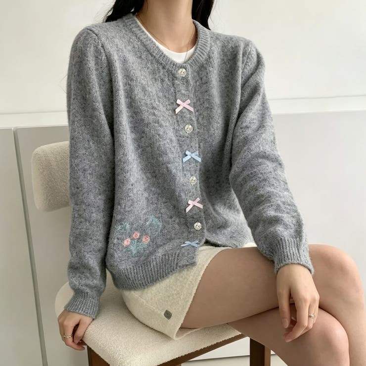 グレー | リボン＆フラワー刺繍ニットカーディガン レディース トップス | Doux Belle 