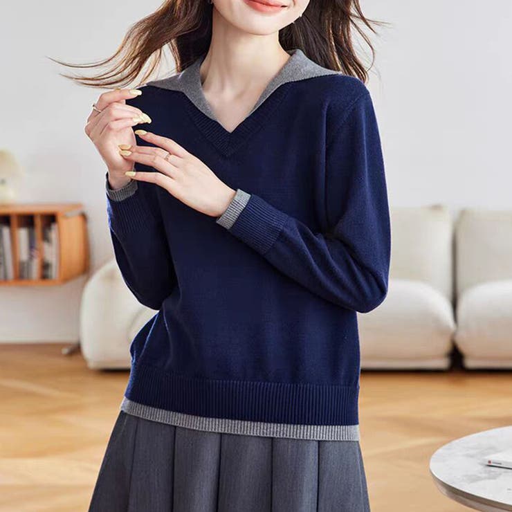 ネイビー | 配色切り替えセーラーカラー長袖ニットプルオーバー レディース トップス | Doux Belle 