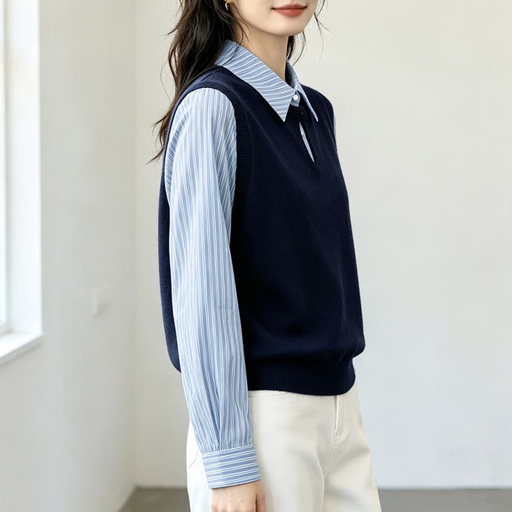 ストライプシャツドッキングニットベストトップス レディース トップス | Doux Belle  | 詳細画像3 