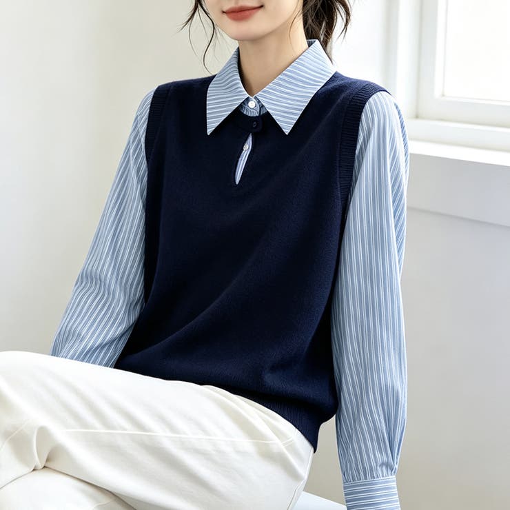 ストライプシャツドッキングニットベストトップス レディース トップス | Doux Belle  | 詳細画像4 