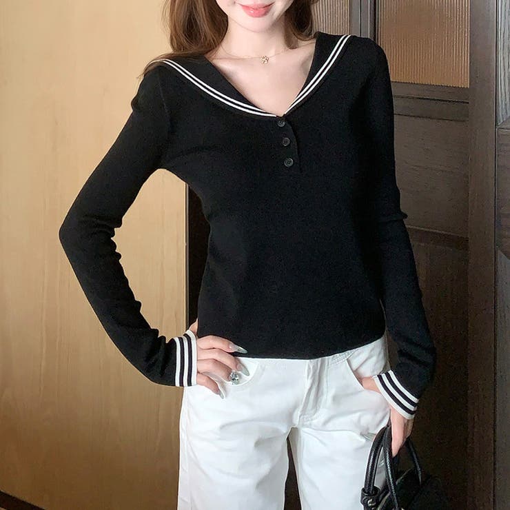 セーラーカラー配色ライン長袖ニットトップス レディース トップス | Doux Belle  | 詳細画像10 