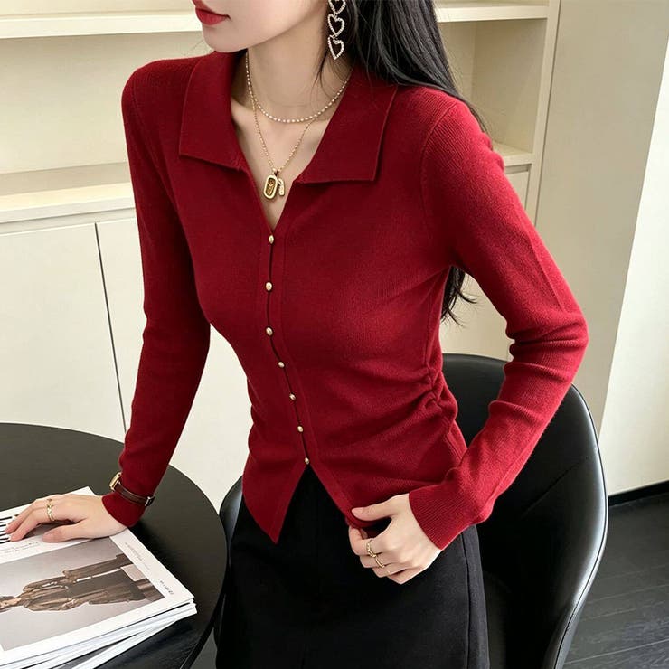 襟付きスキッパーサイドギャザー長袖ニットプルオーバー レディース トップス | Doux Belle  | 詳細画像12 
