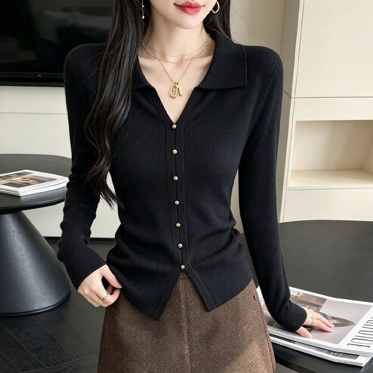 襟付きスキッパーサイドギャザー長袖ニットプルオーバー レディース トップス | Doux Belle  | 詳細画像14 