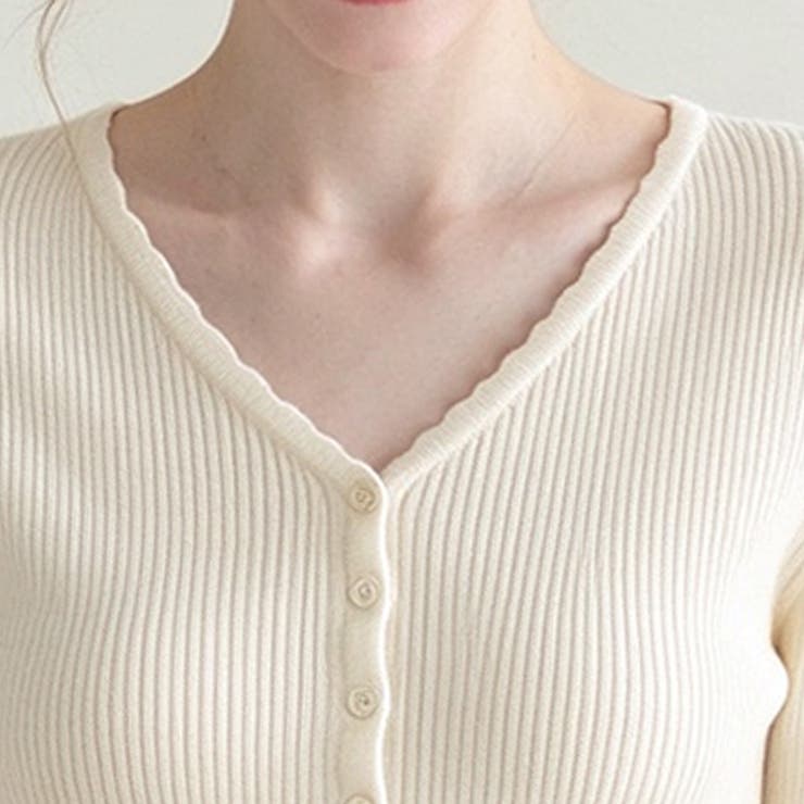 Vネックフロントボタンリブ切り替え長袖ニットプルオーバー レディース トップス | Doux Belle  | 詳細画像14 
