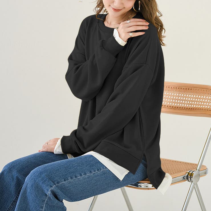 ブラック | トレーナー レディース 長袖 ゆったり レイヤード風 モックネット | Doux Belle 