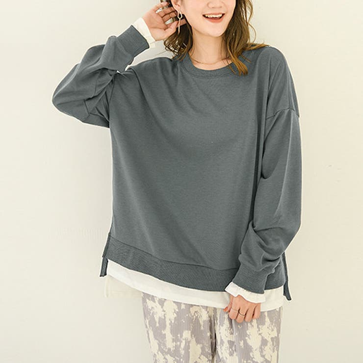 ダークグレー | トレーナー レディース 長袖 ゆったり レイヤード風 モックネット | Doux Belle 