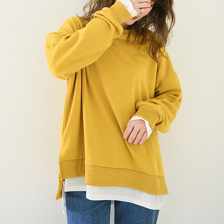 イェロー | トレーナー レディース 長袖 ゆったり レイヤード風 モックネット | Doux Belle 