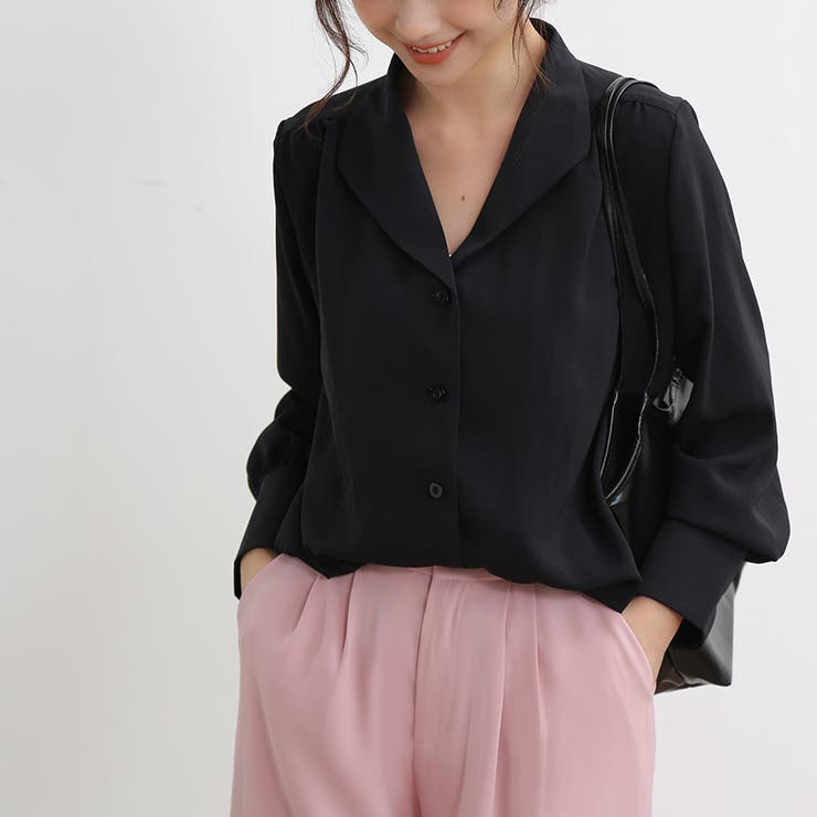 ブラック | シャツ レディース トップス 長袖 ブラウス オーペンカラー | Doux Belle 