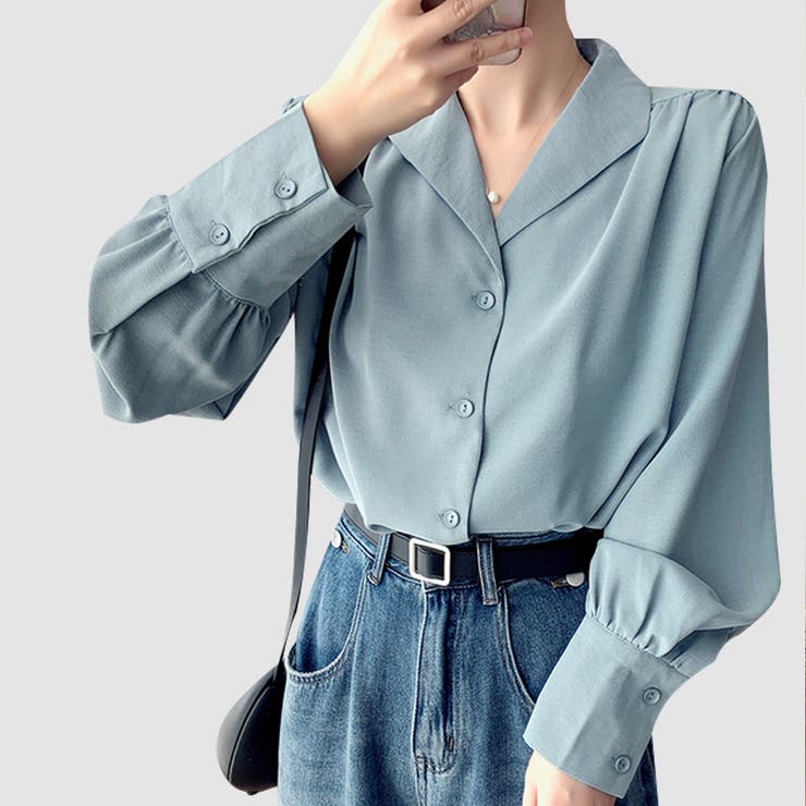 美品✨ルフィル ラウンドカラーブラウス シャツ トップス ブルー シャツ レディース トップス 長袖 ブラウス オーペンカラー[品番